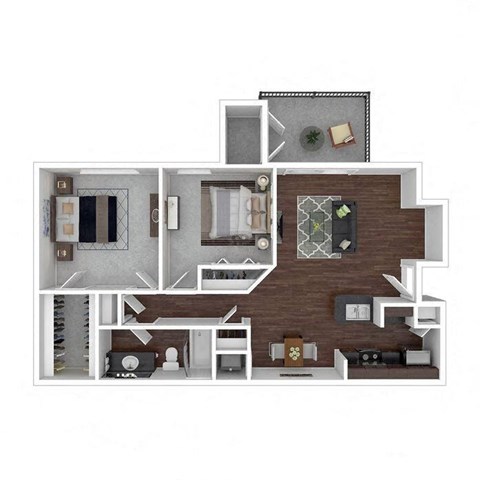 A 3D floor plan of a house with a kitchen, living room, and bedrooms.